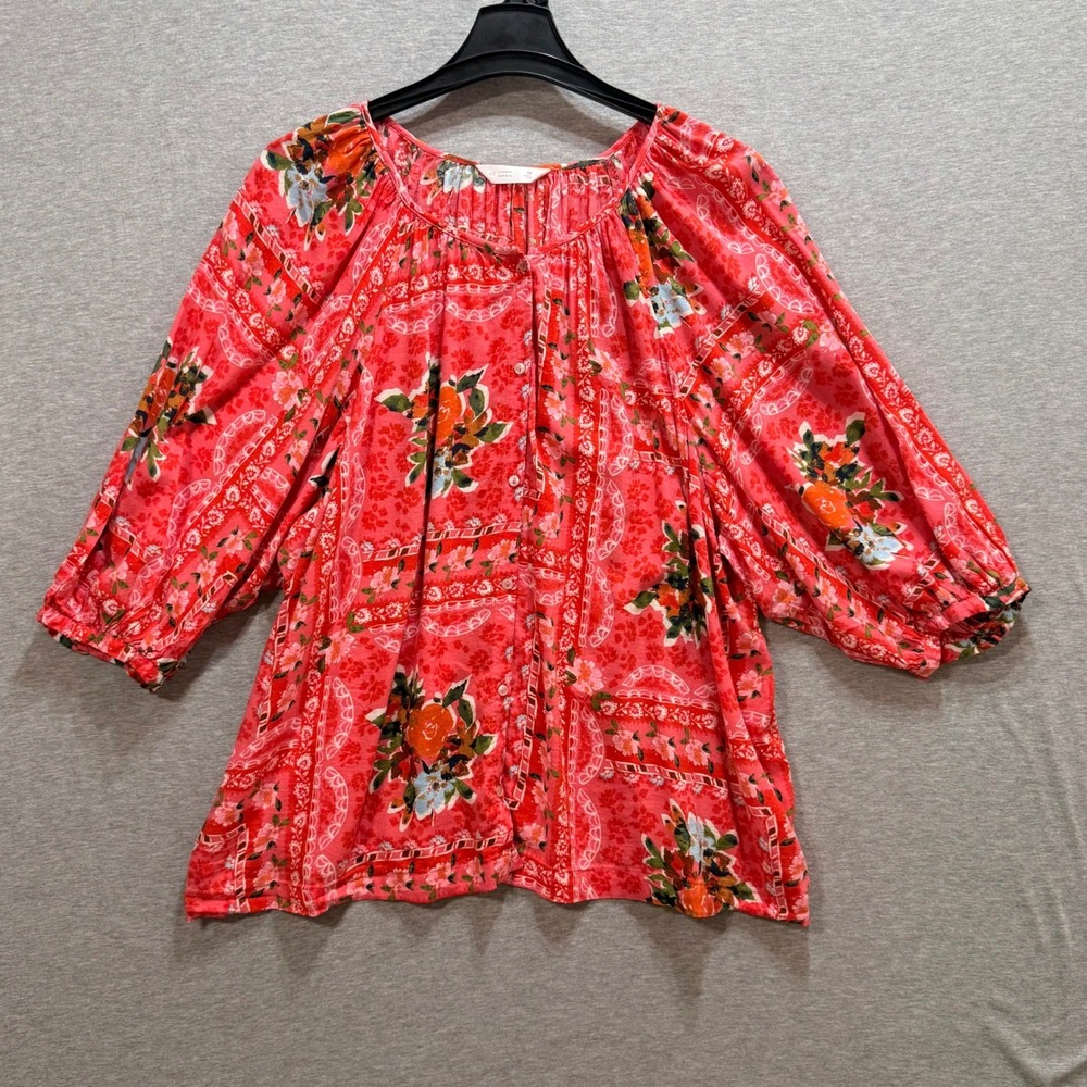 LC Lauren Conrad Blouse Womens 2X Red Orange Floral Boho Peasant Cottagecore